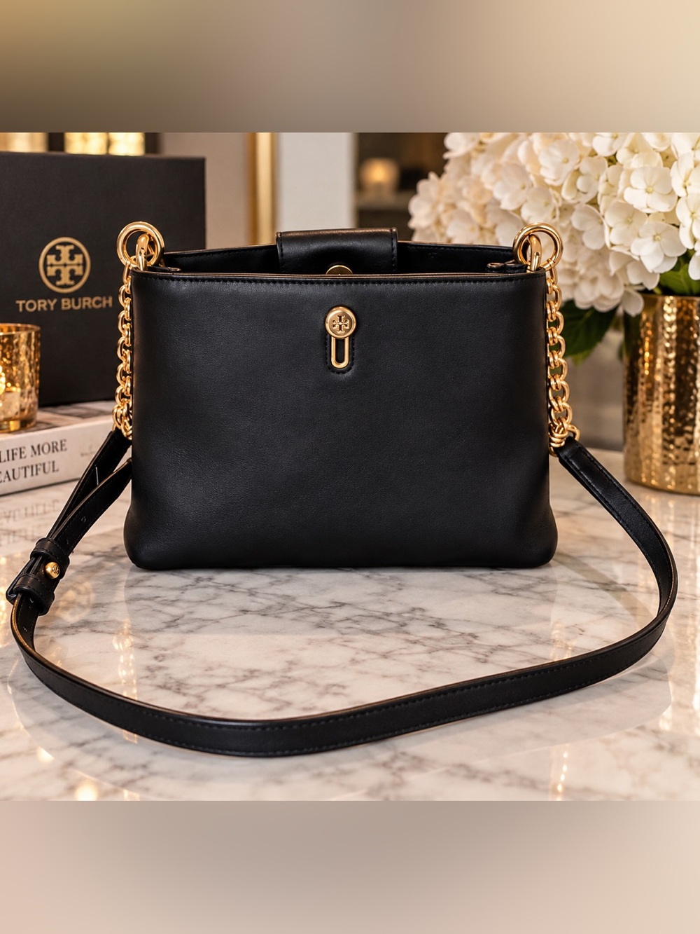 Tory Burch Black Leather Gold Hardware Crossbody Shoulder Bag